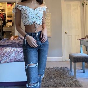 On or off the shoulder floral cinched blouse